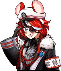 1girl animal_ears ascot black_bow black_bowtie black_gloves black_jacket blue_eyes bow bowtie chuunibyou ddolbang eyepatch gloves grey_ascot hakos_baelz hakos_baelz_(steel_rose) hat highres hololive hololive_english jacket looking_at_viewer mouse_ears mouse_girl multicolored_hair peaked_cap red_hair sharp_teeth smile streaked_hair teeth virtual_youtuber