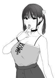 1girl absurdres blush bracelet breasts choker cleavage greyscale hand_up highres jewelry monochrome original piercing short_twintails simple_background skirt solo tantanmen72 tongue tongue_out tongue_piercing twintails white_background