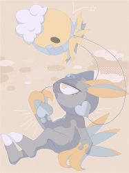 1girl alternate_color animal_ears animal_feet animal_hands animal_nose artist_name black_eyes blue_gemstone bright_pupils brown_background chest_jewel claws drifloon eye_contact fang female_focus floating forehead_jewel furry furry_female gem gen_2_pokemon gen_4_pokemon hand_up highres leaning_back lemonade_kokoi looking_at_another looking_down looking_up multiple_tails nintendo open_mouth outline pokemon pokemon_(creature) profile shiny_pokemon signature sitting sneasel solid_oval_eyes star_(symbol) tail twitter_username white_pupils yellow_eyes