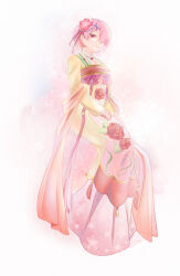 1girl absurdres alternate_costume chinese_commentary closed_mouth collarbone commentary_request dress flower full_body hair_flower hair_ornament hair_over_one_eye highres long_dress long_sleeves looking_at_viewer olivia66949612 painting_(medium) pink_eyes pink_hair ram_(re:zero) re:zero_kara_hajimeru_isekai_seikatsu short_hair sitting traditional_media watercolor_(medium) x_hair_ornament