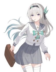 1girl absurdres bag black_bow black_hairband blue_eyes blue_pupils bow bowtie breasts brown_bag buttons commentary double-breasted firefly_(honkai:_star_rail) firefly_(spring_missive)_(honkai:_star_rail) gradient_hair green_bow green_bowtie green_hair grey_hair grey_sailor_collar grey_skirt hair_between_eyes hair_bow hair_intakes hairband highres holding holding_bag honkai:_star_rail honkai_(series) light_blush lollipop_in_mouth long_hair long_sleeves looking_at_viewer medium_breasts multicolored_eyes multicolored_hair nicel official_alternate_costume purple_eyes sailor_collar school_bag school_uniform serafuku shirt simple_background skirt solo thighhighs two-tone_eyes white_background white_shirt white_thighhighs zettai_ryouiki