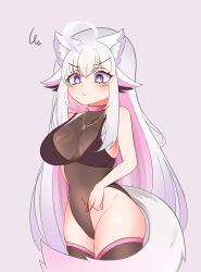 Rule 34 | 1girl, :/, ahoge, animal ears, annoyed, baruyuky, breasts, cat ears, cat girl, cat tail, colored inner hair, colored tips, gold necklace, hair between eyes, highres, indie virtual youtuber, jewelry, large breasts, long hair, multicolored hair, navel, necklace, pink background, pulling own clothes, purple eyes, shiyuonline, simple background, solo, stirrup legwear, tail, thick thighs, thighhighs, thighs, toeless legwear, transparent leotard