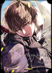1boy 1girl absurdres black_gloves blue_sky blurry blurry_foreground brown_hair character_request closed_eyes closed_mouth code_geass collared_coat commentary_request english_text falling_petals gloves green_eyes hair_between_eyes happy_birthday highres kururugi_suzaku laughing lips looking_down medium_hair petals reflective_surface shirt short_hair sky smile tears twintails white_shirt wide_sleeves wu_(user_sevs2252) yellow_petals