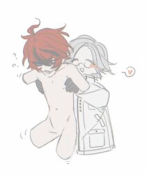 2boys ahoge amputee aotsuki_eito black_hair blue_eyes carrying carrying_person closed_eyes full_body hair_between_eyes male_focus messy_hair multicolored_hair multiple_boys navel nipples nude open_mouth quadruple_amputee red_hair simple_background sumino_takumi the_hundred_line_-last_defense_academy- upper_body white_background white_hair yaoi