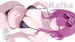 1girl absurdres bikini black_bikini breasts breasts_day character_name commentary_request eyewear_on_head fuminshou_(nekopan_art) highres honkai:_star_rail honkai_(series) kafka_(honkai:_star_rail) large_breasts looking_at_viewer navel purple_eyes purple_hair round_eyewear short_hair simple_background smile solo stomach sunglasses swimsuit thighs white_background