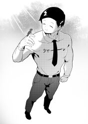 1boy absurdres bbk_(bbkbebek7) belt bird bird_on_hand blue_archive clenched_hand closed_eyes closed_mouth collared_shirt full_body gamer_dev_sensei_(blue_archive) greyscale highres loafers long_sleeves monochrome muscular muscular_male necktie pants sensei_(blue_archive) shirt shoes short_hair smile solo white_background