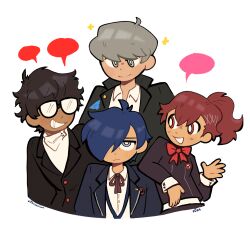 1girl 3boys alternate_skin_color amamiya_ren arm_on_another&#039;s_shoulder artist_name black_hair black_jacket black_ribbon blank_speech_bubble blue_eyes blue_hair bow bright_pupils brown_hair closed_mouth collared_shirt dukecarrion freckles gekkoukan_high_school_uniform glasses grey_eyes grey_hair grin hair_between_eyes hair_ornament hair_over_one_eye hairclip in-franchise_crossover jacket long_sleeves looking_at_another multiple_boys narukami_yu neck_ribbon opaque_glasses open_clothes open_jacket open_mouth persona persona_3 persona_3_portable persona_4 persona_5 ponytail red_bow red_eyes ribbon school_uniform shiomi_kotone shirt short_hair shuujin_academy_school_uniform simple_background smile sparkle speech_bubble squiggle turtleneck turtleneck_shirt white_background white_pupils white_shirt yasogami_school_uniform yuuki_makoto_(persona_3)