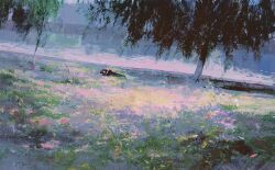 1other grass highres lake licheng199 lying on_ground original outdoors scenery solo tree wide_shot
