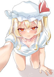 0002koko 1girl 3: absurdres all_fours barefoot blonde_hair blush breasts cleavage closed_mouth collarbone commentary_request commission covered_erect_nipples crossed_bangs downblouse eyelashes flandre_scarlet foreshortening frown hair_between_eyes hair_over_shoulder hat hat_ribbon highres long_hair looking_at_viewer mob_cap naked_shirt one_side_up pointy_ears pov puffy_short_sleeves puffy_sleeves red_eyes red_ribbon ribbon sad shirt short_sleeves signature simple_background sketch slit_pupils small_breasts solo split_mouth straight-on tears touhou tsurime white_background white_hat white_shirt