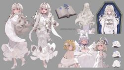 4girls ahoge animal_ears aqua_eyes bare_shoulders blonde_hair blue_flower bob_cut book braid breasts choppy_bangs cleavage closed_eyes coffin collage dress enna_alouette facial_tattoo flower fox_ears fox_girl french_braid green_eyes grey_hair hair_flower hair_ornament head_wings high_heels highres holding holding_book japanese_clothes kimono large_breasts long_hair looking_at_viewer mascot medium_hair millie_parfait multiple_girls nijisanji nijisanji_en nina_kosaka off_shoulder open_book open_mouth pink_eyes purple_eyes reaching reaching_towards_viewer reimu_endou sakai_eri_(illustratoreri) see-through_clothes see-through_dress single_braid sleeping smile stole tattoo very_long_fingernails very_long_hair virtual_youtuber wavy_hair white_dress white_hair white_kimono wings