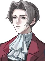 1boy ace_attorney ascot baijing blazer brown_eyes brown_hair chinese_commentary closed_mouth commentary_request grey_ascot hair_intakes highres jacket lapels male_focus miles_edgeworth portrait red_jacket short_hair simple_background solo white_background