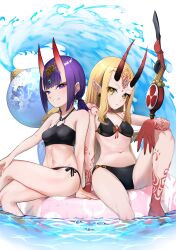 2girls absurdres bare_shoulders bikini black_bikini blonde_hair blush breasts collarbone colored_extremities earrings eyeliner facial_mark fate/grand_order fate_(series) forehead forehead_mark gourd grin hair_pulled_back headpiece highres horns ibaraki_douji_(fate) ibaraki_douji_(swimsuit_lancer)_(fate) ibaraki_douji_(swimsuit_lancer)_(first_ascension)_(fate) innertube jewelry long_hair looking_at_viewer low_twintails makeup multiple_girls navel oni pointy_ears polearm purple_eyes purple_hair red_feet red_hands short_hair shuten_douji_(fate) skin-covered_horns small_breasts smile spear sphere_earrings swim_ring swimsuit tattoo terasako thighs twintails water weapon yellow_eyes