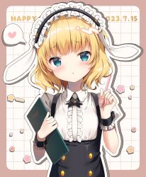1girl :t animal_ears black_hairband black_vest black_wrist_cuffs blonde_hair blue_eyes blush center_frills closed_mouth collared_shirt commentary_request drop_shadow fake_animal_ears fleur_de_lapin_uniform frilled_hairband frilled_wrist_cuffs frills furrowed_brow gochuumon_wa_usagi_desu_ka? grid_background hairband heart highres holding holding_pen kirima_syaro lolita_hairband looking_at_viewer medium_hair pen pizzzica pout rabbit_ears shirt solo speech_bubble spoken_heart upper_body vest white_shirt wrist_cuffs