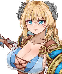1girl ahoge blonde_hair blue_eyes breasts cleavage closed_mouth collarbone commentary_request criss-cross_straps eyelashes gold_trim hair_between_eyes highres large_breasts laurel_crown long_hair pink_lips simple_background solo sophitia_alexandra soul_calibur toz_(toz123456) upper_body v-shaped_eyebrows white_background