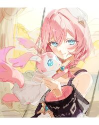 Rule 34 | 1girl, absurdres, blue eyes, coat, commentary request, cyrene (honkai: star rail), hair ornament, highres, honkai: star rail, honkai (series), jewelry, medium hair, mem (honkai: star rail), necklace, on swing, pink fur, pink hair, purple coat, roena, short hair, smile, star-shaped pupils, star (symbol), swing, symbol-shaped pupils, tail, tree