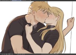 1boy 1girl art_program_in_frame black_shirt blonde_hair blue_eyes blush breasts closed_eyes clothes_pull collar_tug earrings french_kiss from_side fullmetal_alchemist hand_on_another&#039;s_head hand_on_wall heavy_breathing hetero jean_havoc jewelry kiss leaning_forward long_hair lowered_eyelids pulling riza_hawkeye shirt short_hair short_sleeves simple_background sketch stud_earrings sweat sweatdrop theo_(tomochingus) tight_clothes tight_shirt turtleneck upper_body white_background