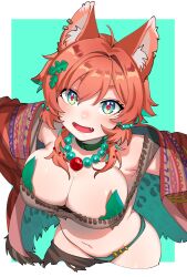 1girl animal_ears aqua_bikini aqua_eyes bandeau bead_necklace beads bikini bikini_bottom_only blush breasts brown_bandeau brown_pants choker diamond-shaped_pupils diamond_(shape) ear_piercing fang green_choker green_hair highres jacket jewelry large_breasts leaf leaf_bra leaf_on_head leaning_forward looking_at_viewer mozumi_pichi mozumi_pichi_(1st_costume) navel necklace off_shoulder open_mouth orange_hair pants piercing red_jacket red_pupils second-party_source short_hair_with_long_locks smile solo sosakuinari swimsuit symbol-shaped_pupils torn_clothes tribal v-dere virtual_youtuber wolf_ears