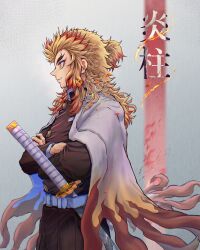 Rule 34 | 1boy, 510lilith, absurdres, artist name, belt, blonde hair, buttons, closed mouth, colored tips, commentary request, cowboy shot, crossed arms, demon slayer uniform, fire, flame print, forked eyebrows, from side, haori, highres, instagram username, japanese clothes, katana, kimetsu no yaiba, long hair, looking ahead, male focus, multicolored hair, ponytail, red hair, rengoku kyoujurou, sheath, sheathed, short ponytail, smile, solo, sword, translated, twitter username, two-tone hair, watermark, weapon, white belt, white haori