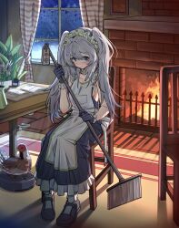 1girl absurdres alternate_costume alternate_hairstyle apron arknights bird black_dress black_gloves blue_eyes book breasts broom chair commentary_request curtains dated dress enmaided feathered_wings feathers fire fireplace flower frilled_gloves frilled_socks frills gaoling_gangqin gloves grey_hair head_wings highres holding holding_broom indoors inkwell long_hair looking_at_viewer maid maid_apron mary_janes medium_breasts mulberry_(arknights) pheasant plant potted_plant robotic_vacuum_cleaner shoes sideboob sitting sleeveless sleeveless_dress socks solo table twintails white_feathers white_flower white_socks white_wings window wings