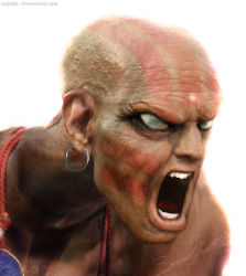 1boy 3d bald capcom cazetta dhalsim earrings facepaint jewelry male_focus open_mouth portrait realistic signature solo street_fighter street_fighter_iv_(series) teeth third-party_edit white_eyes