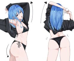 1girl absurdres armpits arrow_(symbol) ass bikini black_bikini black_jacket blue_eyes blue_hair breasts commentary cowboy_shot english_commentary from_behind from_side hair_between_eyes highres hololive hoshimachi_suisei jacket long_hair long_sleeves looking_at_viewer looking_back multiple_views navel open_clothes open_jacket open_mouth side-tie_bikini_bottom sideboob sidelocks simple_background sleeves_past_wrists sleeves_pushed_up small_breasts stomach straight_hair stretching string_bikini swimsuit thighs unzipped virgo76612871 virtual_youtuber white_background