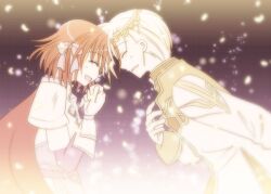 Rule 34 | 1boy, 1girl, armor, blonde hair, bow, brown coat, cape, circlet, closed eyes, coat, commentary request, couple, forehead-to-forehead, gloves, hair bow, heads together, hetero, high priest (ragnarok online), lord knight (ragnarok online), multicolored coat, open mouth, pauldrons, pink bow, pink hair, purple background, purple shirt, ragnarok online, red cape, sharari, shirt, short hair, shoulder armor, smile, two-tone coat, upper body, white coat, white gloves