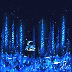1other absurdres artist_name astronaut backpack bag blue_flower commentary fish flower flying_fish gloves glowing helmet highres kazunoko_(kazunoko_zunoco) nature night night_sky original outdoors radio_antenna signature sky solo space_helmet standing star_(sky) starry_sky white_gloves