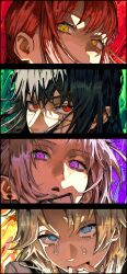 4girls absurdres biting_own_finger black_hair blue_eyes chainsaw_man death_devil_(chainsaw_man) earrings erupusai2 eye_focus fami_(chainsaw_man) highres jewelry long_hair looking_at_viewer makima_(chainsaw_man) multicolored_eyes multiple_girls pink_hair portrait purple_eyes red_eyes red_hair ringed_eyes scar scar_on_face sidelocks tears white_hair yellow_eyes yoru_(chainsaw_man)