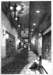 1girl border brick_road building city cloud commentary_request crosshatching door full_moon graphite_(medium) greyscale hatching_(texture) kenji_negishi lamppost long_skirt monochrome moon night original outdoors scenery sitting skirt sky skyscraper stairs traditional_media vanishing_point white_border