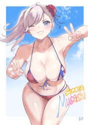 1girl american_flag american_flag_bikini american_flag_print bikini blue_eyes blue_sky blush breasts bun_cover character_name cleavage collarbone fate/grand_order fate_(series) flag_print flag_print_bikini grin hair_bun hair_ribbon highres large_breasts long_hair looking_at_viewer miyamoto_musashi_(fate) miyamoto_musashi_(fate/grand_order) miyamoto_musashi_(swimsuit_berserker)_(fate) miyamoto_musashi_(swimsuit_berserker)_(second_ascension)_(fate) navel one_eye_closed pink_hair print_bikini ribbon single_side_bun sky smile solo swept_bangs swimsuit thighs tinnies