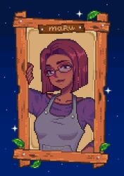 Rule 34 | 1girl, breasts, collarbone, commentary, dark-skinned female, dark skin, english commentary, glasses, grey overalls, highres, leaf, maru (stardew valley), medium breasts, medium hair, mimpish, overalls, pixel art, purple eyes, purple shirt, red hair, shirt, smile, solo, star (sky), stardew valley