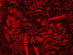 1girl female_focus flandre_scarlet glowing glowing_eyes monochrome rasha red_theme solo touhou