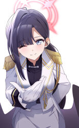 Rule 34 | 1girl, black hair, blue archive, gloves, grey eyes, ichika (blue archive), looking at viewer, one eye closed, simple background, solo, tsuezu, uniform, wings