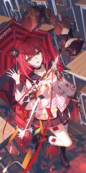 Rule 34 | 1girl, :d, ahoge, animal, black choker, black sailor collar, black skirt, boots, braid, choker, desk, full body, gleam lin shi, hair between eyes, hair ornament, hand up, hat, highres, holding, holding umbrella, lace-up boots, long hair, long sleeves, looking at viewer, open mouth, pleated skirt, raccoon, red hair, sailor collar, school desk, school uniform, serafuku, shirt, skirt, smile, solo, standing, standing on one leg, ukinami yuzuha, umbrella, very long hair, weapon, white shirt, yellow eyes, zenless zone zero