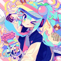 &gt;_&lt; &gt;_o 1girl aoi_tsuyu blue_hair blue_hat blush candy chibi chibi_inset closed_mouth collared_shirt colored_eyelashes cookie food grey_skirt hat hatsune_miku headset ice_cream jacket jelly_bean long_hair long_sleeves looking_at_viewer microphone necktie one_eye_closed open_clothes open_jacket outline peach_hat_ornament pink_necktie shime_parfaict_night_(vocaloid) shirt shoes skirt smile sneakers solo speech_bubble spoon star-shaped_pupils star_(symbol) symbol-shaped_pupils tongue tongue_out translation_request twitter_username v v_over_eye visor_cap vocaloid wafer wafer_stick watermark white_outline white_shirt