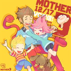 1girl 2boys artist_name bandana belt bike_shorts blonde_hair boney boots brown_hair closed_eyes copyright_name dated doseisan duster_(mother) facial_hair fingerless_gloves gloves hood hoodie kumatora looking_at_viewer lucas_(mother_3) messy_hair mother_(series) mother_3 multiple_boys mysticotoe nintendo one_eye_closed pants pink_eyes pink_hair quiff rope_snake scratching short_hair shorts striped text_background text_focus