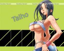 00s 1girl areola_slip armpits ass back bare_shoulders black_hair blue_panties bracelet breasts butt_crack camisole character_name clenched_teeth clothes_pull copyright_name covered_erect_nipples cowboy_shot crop_top eureka_seven eureka_seven_(series) eyelashes eyes_visible_through_hair female_focus flipped_hair from_side green_background green_eyes highres huge_breasts jewelry large_breasts lingerie lipstick looking_at_viewer looking_back makeup midriff miyaji_akira mouth_hold narrow_waist nipples no_bra non-web_source panties ribs skirt skirt_pull solo striped_clothes striped_panties talho_yuuki tattoo teeth underboob underwear undressing untied white_panties