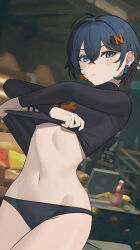 1girl absurdres ahoge belle_(zenless_zone_zero) black_panties black_shirt blue_eyes blue_hair blurry blurry_background blush breasts clothes_lift computer couch earrings hair_ornament highres indoors jewelry laptop lifting_own_clothes long_sleeves looking_at_viewer medium_breasts navel panties shirt shirt_lift short_hair solo stomach underwear zenless_zone_zero ziddol