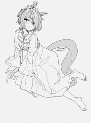 1girl animal_ears barefoot blush dated dress fingernails flower full_body greyscale hair_flower hair_ornament highres horse_ears horse_girl horse_tail k.s.miracle_(umamusume) long_sleeves looking_at_viewer medium_hair monochrome saramiao-chan simple_background solo tail toenails twitter_username umamusume white_background