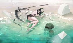 Rule 34 | 1girl, absurdres, ass, azur lane, bare shoulders, barefoot, bikini, black bikini, black hair, black horns, black rock shooter, breasts, chain, crossover, dead master, green eyes, green horns, highres, horns, looking at viewer, lying, medium breasts, medium hair, non-web source, official alternate costume, official art, on side, partially submerged, scythe, sideboob, smile, solo, swimsuit