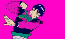 Rule 34 | 1boy, aqua neckerchief, armor, blue armor, blue hair, blunt ends, bowl cut, chankop, clenched hand, commentary request, dragon ball, dragon ball (classic), fighting stance, hyouga tenron, looking ahead, neckerchief, pink background, pink shirt, shirt, solo, upper body