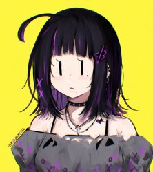 Rule 34 | 1girl, ahoge, antenna hair, black hair, blunt bangs, choker, collar, cross, cross necklace, dress, earrings, emo fashion, empty eyes, grey dress, highres, jewelry, kuronami616, mole, mole under eye, mole under mouth, multicolored hair, necklace, original, purple hair, simple background, solo, spiked collar, spikes, staring, streaked hair, yellow background
