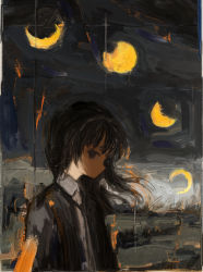 1girl absurdres black_eyes black_hair black_jacket ciel_(paradis47) closed_mouth collared_shirt crescent_moon faux_traditional_media full_moon highres hime_cut jacket long_hair long_sleeves looking_to_the_side moon night night_sky open_clothes open_jacket original outdoors shirt sky solo standing texture torso