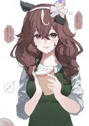 1girl absurdres alternate_costume apron braid breasts brown_eyes brown_hair commentary_request cup curren_bouquetd&#039;or_(umamusume) grey_eyes hair_between_eyes hair_ornament hairband highres holding horse_girl low_twin_braids medium_breasts musical_note open_mouth solo spoken_musical_note takinii translation_request twin_braids umamusume white_background