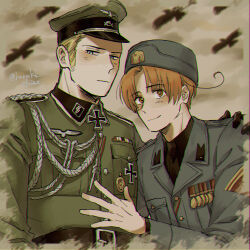 2boys ahoge artist_name axis_powers_hetalia belt bird black_belt black_gloves black_necktie black_shirt blonde_hair blue_eyes blue_hat blue_jacket blush breast_pocket brown_eyes brown_hair buttons closed_mouth cloud cloudy_sky collared_jacket collared_shirt commentary_request cross crow germany_(hetalia) gloves green_hat green_jacket grey_sky hand_on_another&#039;s_chest hand_on_another&#039;s_shoulder haruki_chise hat iron_cross jacket lapels long_sleeves looking_at_viewer male_focus medal military_hat military_jacket military_uniform multiple_boys nazi necktie northern_italy_(hetalia) outdoors parted_bangs pocket reichsadler shirt short_hair skull sky smile upper_body