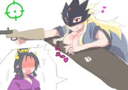 Rule 34 | beelstarmon, blonde hair, blush, digimon, digimon (creature), embarrassed, fang, lilithmon, looking at another, mask, pixiv user (4003402), pointy ears