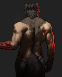 1boy absurdres animal_ears bara black_background body_fur cacaovean earrings from_behind highres jewelry komano_manato male_focus muscular muscular_male scar scar_on_arm scar_on_back scar_on_shoulder signature tail topless_male wolf_boy wolf_ears wolf_tail zenless_zone_zero