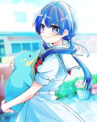 1girl animal bird blue_eyes blue_hair blue_ribbon closed_mouth commentary_request cowboy_shot dress hair_ribbon hasu_no_sora_school_uniform highres holding holding_animal kanduki_kamibukuro link!_like!_love_live! long_hair love_live! low_twintails medium_dress murano_sayaka neckerchief penguin photo_background pleated_dress puffy_short_sleeves puffy_sleeves raised_inner_eyebrows red_neckerchief ribbon sailor_collar sailor_dress school_uniform short_sleeves smile solo split_mouth standing summer_uniform twintails virtual_youtuber white_dress white_sailor_collar