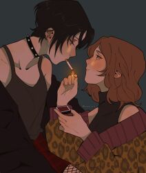 2girls animal_print artist_name baggy_clothes black_collar black_hair black_jacket brown_hair cigarette collar collarbone ear_piercing eye_contact eyebrows eyelashes female_focus fishnet_pantyhose fishnets grey_background grey_tank_top hand_up highres jacket karely_arts komatsu_nana leopard_print lighting_cigarette long_hair looking_at_another looking_down looking_up matchbox matches medium_hair multiple_girls nana_(series) osaki_nana pantyhose piercing plaid_clothes plaid_skirt red_skirt signature simple_background skirt sleeveless sleeveless_turtleneck spiked_collar spikes tank_top turtleneck yuri