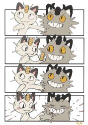 Rule 34 | blush stickers, coin, commentary request, fangs, galarian form, galarian meowth, gen 1 pokemon, gen 8 pokemon, grey fur, grin, hair horns, highres, holding, holding coin, holding hands, kun blackcat, looking at object, looking to the side, meowth, nintendo, no humans, outstretched arm, pokemon, pokemon (creature), sequential, sharp teeth, sideways glance, signature, smile, teeth, white fur